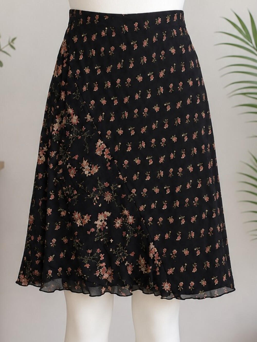 Emma James Black Floral Midi Skirt Lightweight A-Line Boho Career